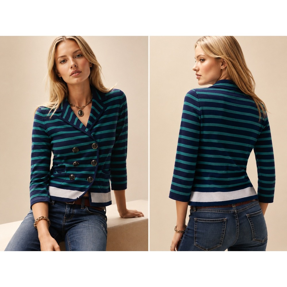 Banana Republic Navy Green Striped Double Breasted Knit Blazer Jacket Y2K